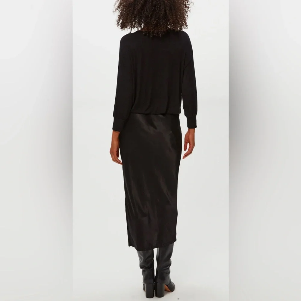 Michael Stars Black Nadia Mixed Fabric Satin Dress - Picture 2 of 7